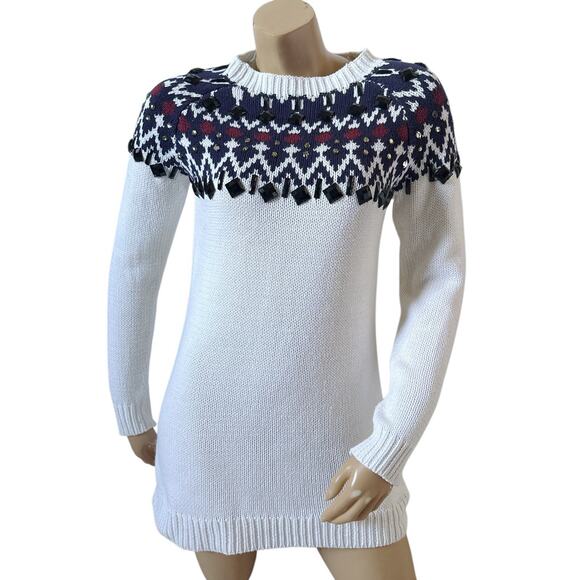 BOSTON PROPER Womens Size Small White Crew Neck Beaded Pullover Tunic Sweater - Picture 1 of 9